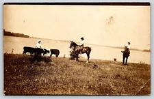 VINTAGE PHOTO POSTCARD OLD ANTIQUE LADIES DRESS HATS HORSES COW ANIMAL LAKE RPPC