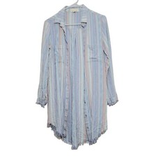 Cloth & Stone blue striped long sleeve frayed fringe button down shirt dress XS