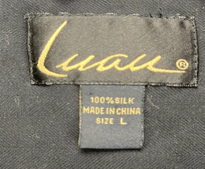 Camisa para hombre LUAU negra grande 100 % seda palmera bordada campamento abotonada Foto 4 de 4