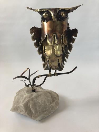 Mid Century Modern Owl Sculpture Brutalist Torch Metal Onyx/quartz Base 14x8” - Picture 1 of 8