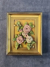 Handmade Pink & White Clay Roses Sculpture 3D Wall Hanging Frame  mABX