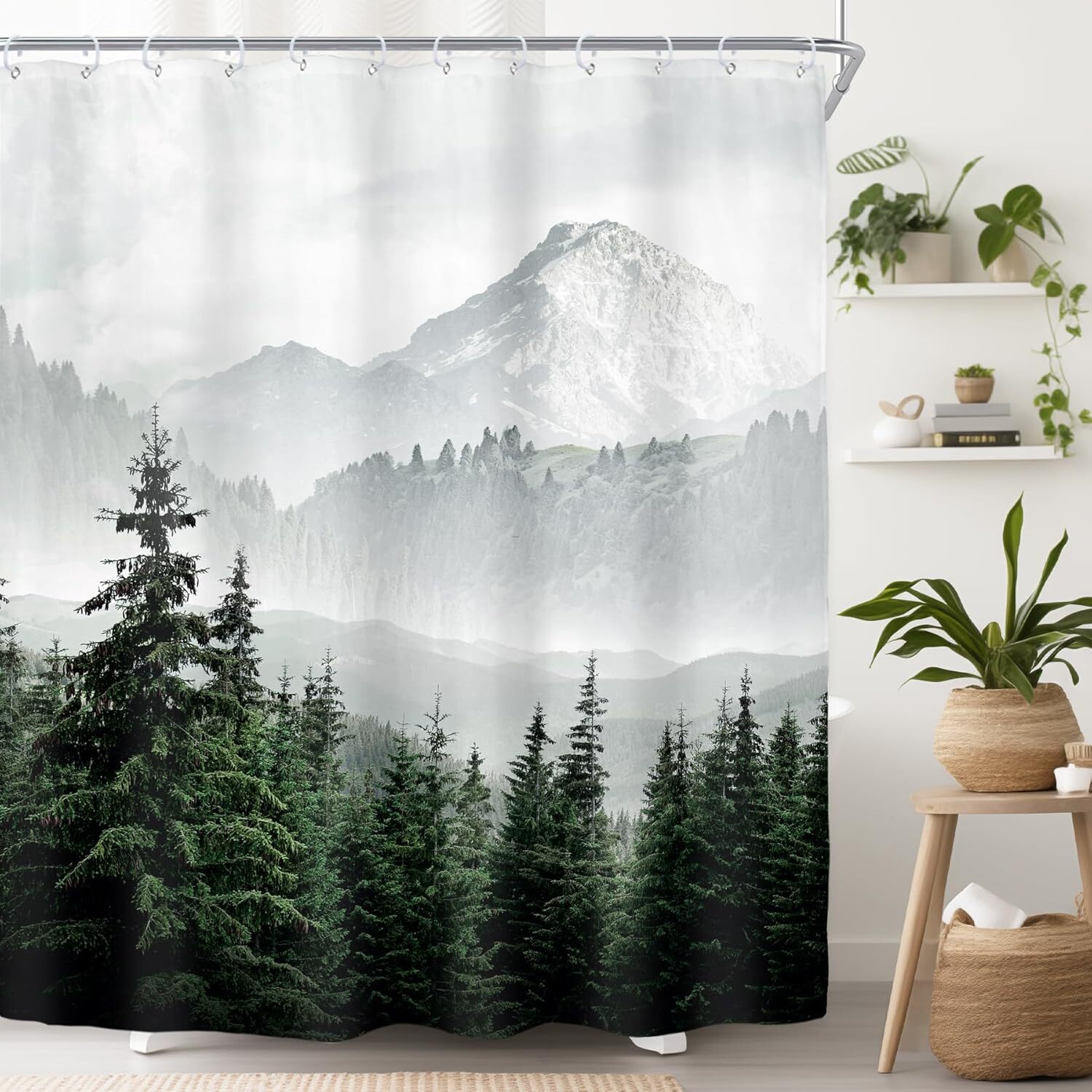 Riyidecor Misty Woodland Mens Shower Curtain 60Wx72H, Green Mountain
