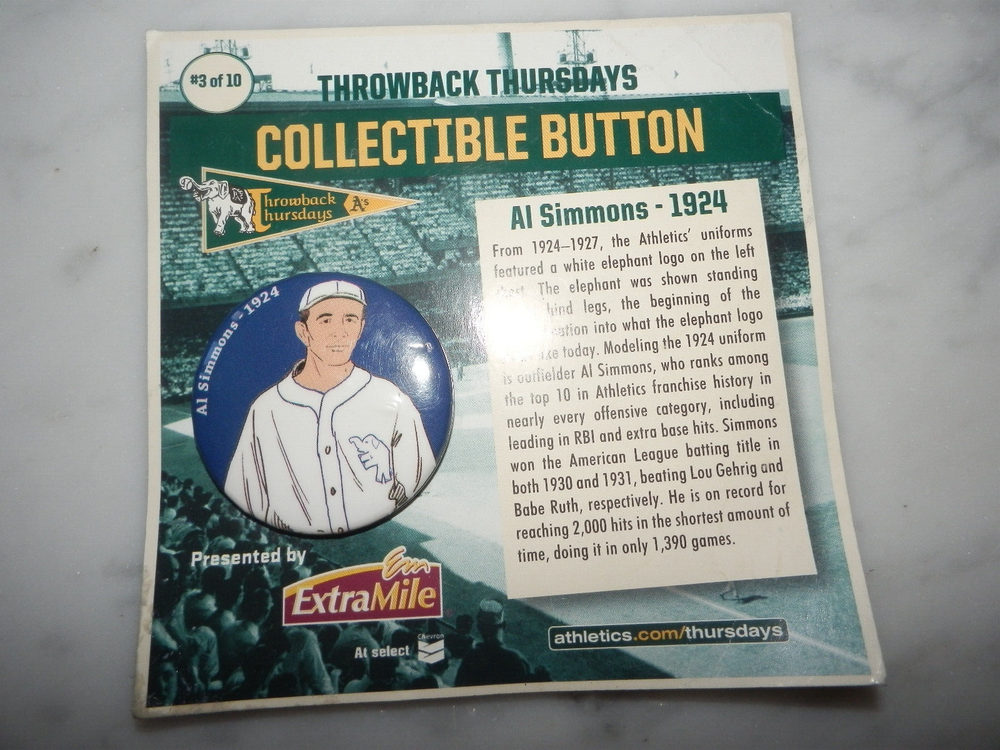 Oakland Coliseum A’s Athletics SGA BASEBALL COLLECTIBLE BUTTON 1924 AL SIMMONS