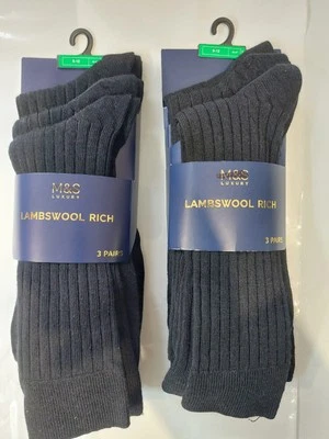 MARKS & SPENCER 6 Pairs M&S Luxury Black Lambswool Rich Socks Size UK 9-12 EU 43-47