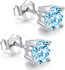 925 Sterling Silver Round-Cut Blue Cubic Zirconia Stud Earrings 3Mm-8Mm Options,