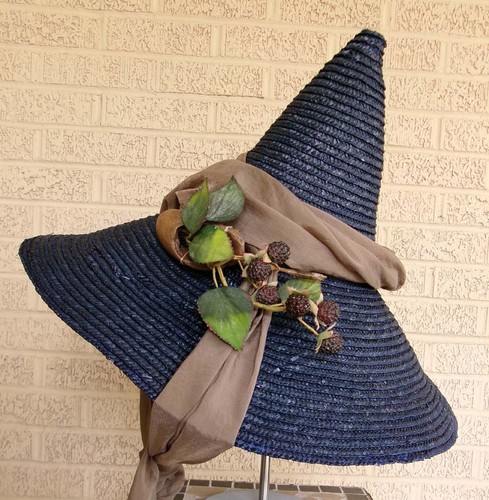 Handmade Fancy Witch Hat Oversize Navy Blue Straw Art Halloween XL Costume