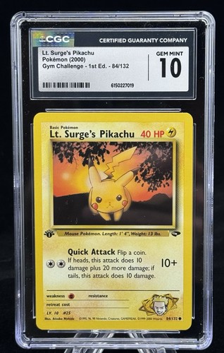 Lt. Surge's Pikachu (1st Edition) graded CGC 10 for sale on eBay