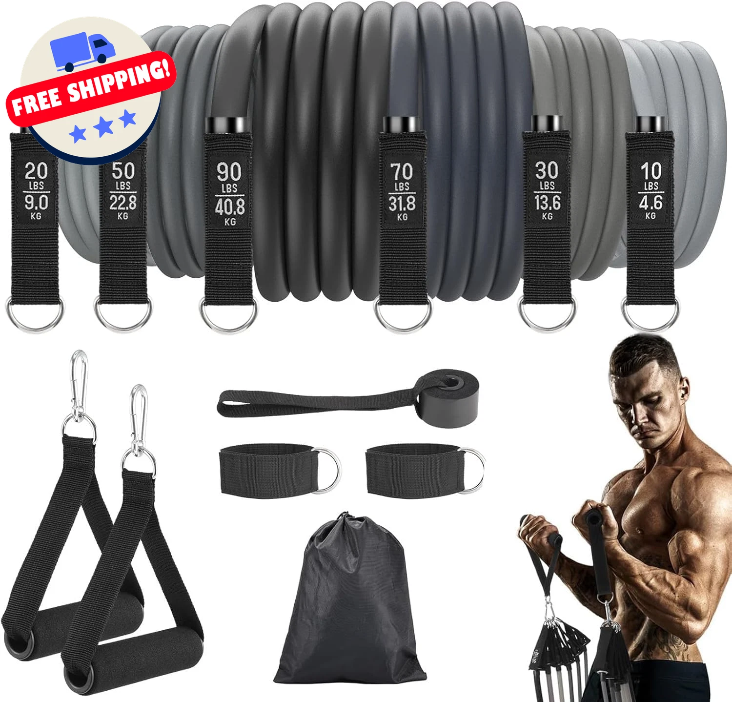 6 Pack Resistance Bands Workout Exercise 270lbs Handles Door Anchor Home Workout