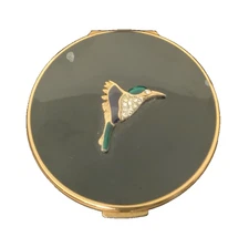 Vintage Stratton Hummingbird Vintage Powder Compact Rhinestone Black Enamel #012