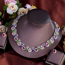 Rainbow Colorful Oval Geometric Necklace Earrings Silver Plated CZ Jewelry Set