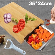 Wooden Bamboo Chopping Board Cutting Slicing With Sliding Stainless Steel Tray