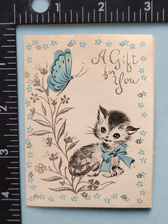 newborn baby announcement vintage greeting card kitten blue ribbon & butterfly