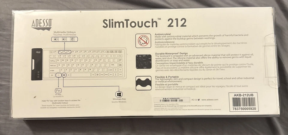 Adesso AKB-212UB SlimTouch Antimicrobial Waterproof Flex Keyboard Mini USB New. - Image 2 of 3