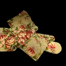 April Cornell 4 Piece Set Oven Mitt Pot Holder 2 Kitchen Towels Floral Tea Green