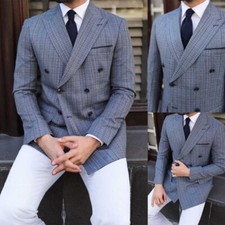 Men's Double Breasted Jacket Peak Lapel Wedding Business Casual Suit Custom Only