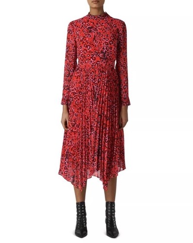 Whistles Red Jungle Cat Animal Leopard Print Pleated Midi Dress UK 8 / EU 36 - Bild 5 von 20