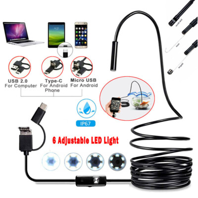 USB IP67 Endoscope Snake Inspect Borescope Camera for Android 3-IN-1 7.0mm 1M US