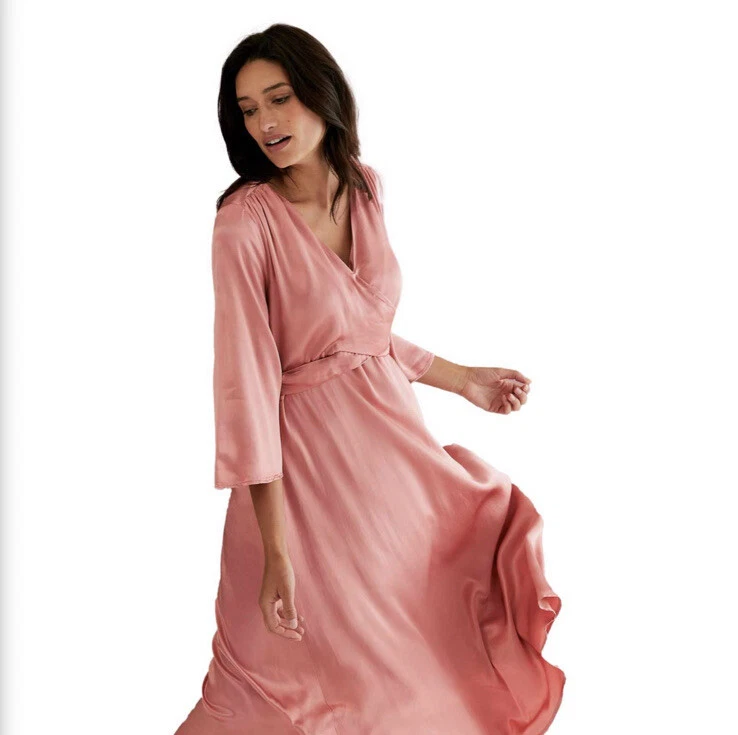 MARKS AND SPENCER X GHOST SATIN V NECK MIDI WRAP DRESS PINK 8 BNWT