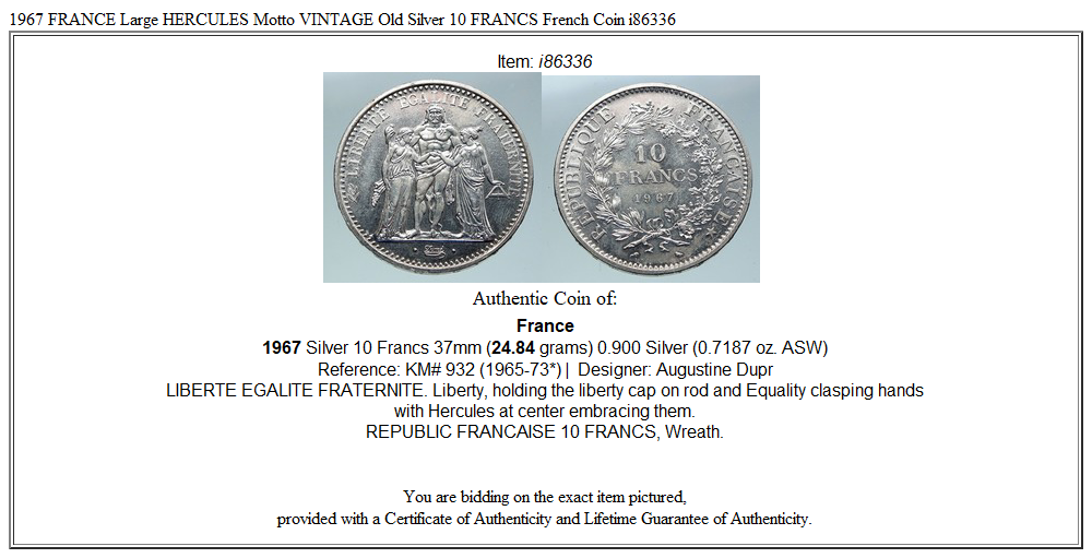 1967 FRANCE Large HERCULES Motto VINTAGE Old Silver 10 FRANCS
