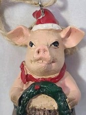 Pig In Barrel Christmas Ornament Joy Wreath Dangling Hooves Farm Country NOTE