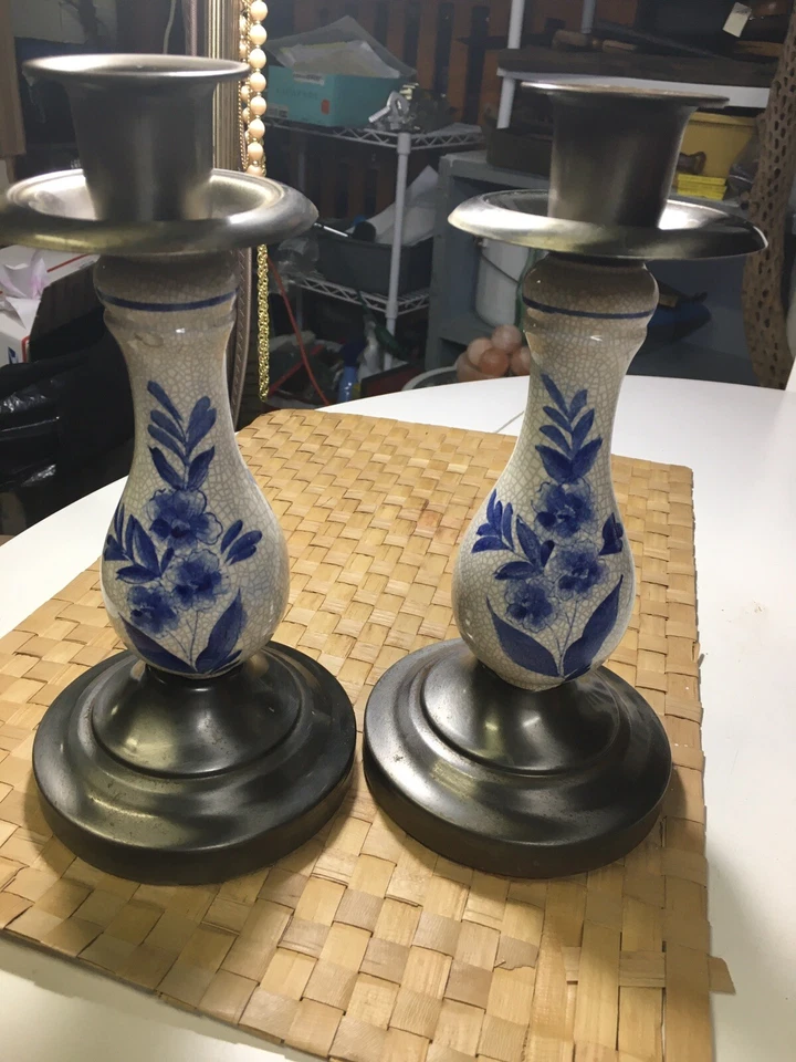 Pair Of Delft Ceramic , Metal Candlesticks 1950’s - Image 2 of 4
