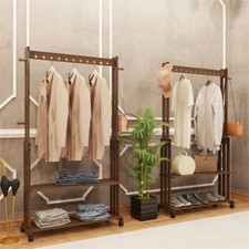 Bamboo Clothes Rail Garment Dress Hanging Hook Display Stand Shoe Rack on Wheels