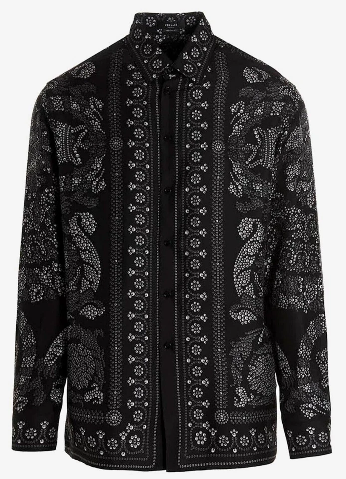 NUEVA $1825 VERSACE Hombre Heritage Fit Estampado Barroco Seda CAMISA 50/40/L Negra/Gris Foto 2 de 4