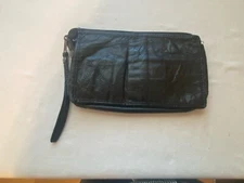 Patchwork Leather Wristlet Wallet Purse Black Quilted  Organizer Bag Credit Card