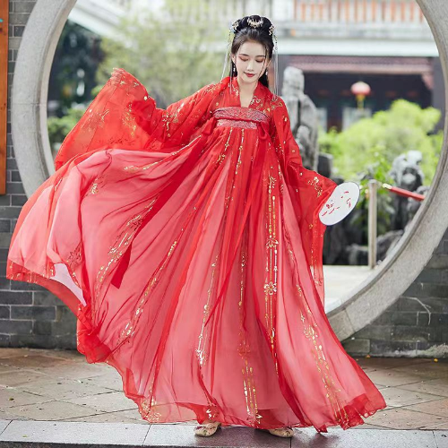 Red Women Hanfu Dress Folk Dance Stage Costumes Oriental Fairy Princess