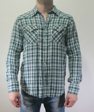 Guess Mens Western Double-Cloth Blue/Green Plaid Shirt Slim Fit Snap Button  S