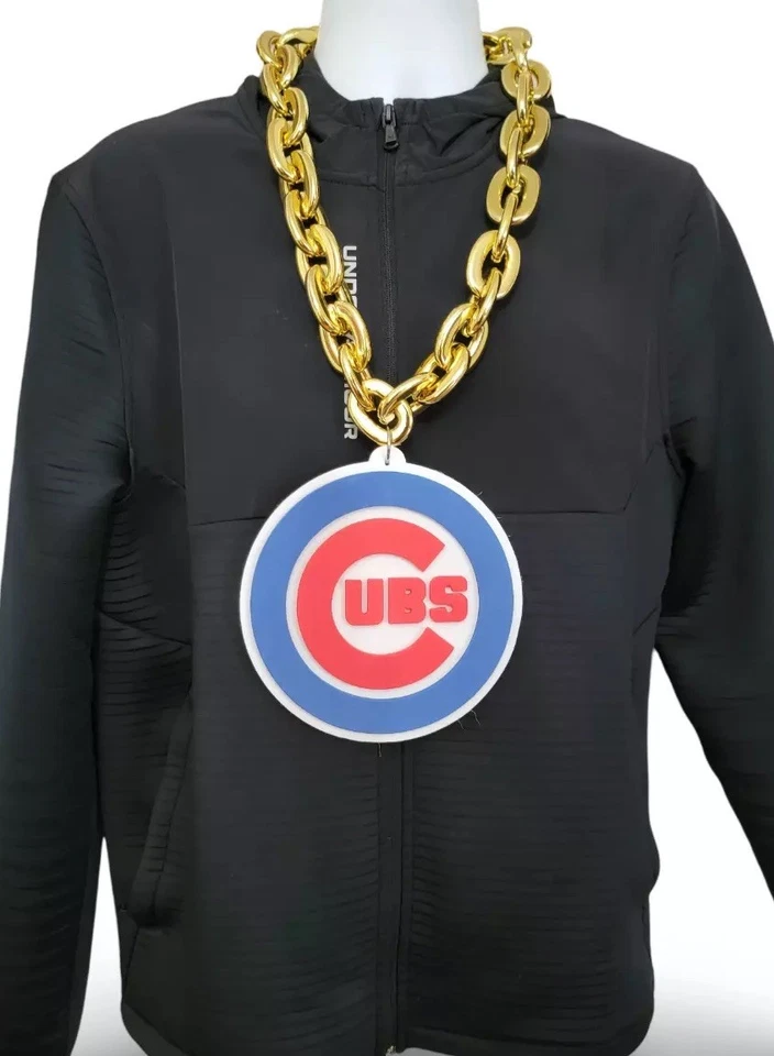 Chicago Cubs Big Chain 7” Round EVA Foam Logo 34” Gold/Blue Chain Fan Necklace - Image 2 of 4