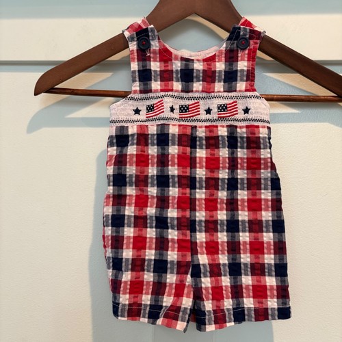 Good Lad Romper Baby 3-6M Red White Blue Plaid Smocked Flag 4th July Americana