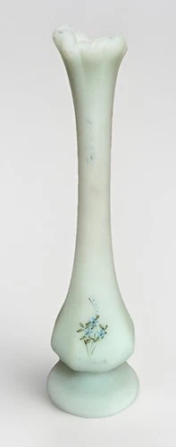 Vintage Fenton Custard Satin Swung Glass Bud Vase Hand Painted Signed AJ Knopp