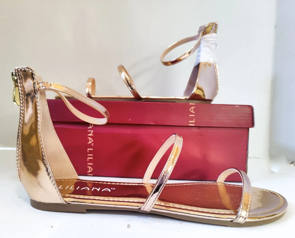 Sandalias planas Liliana Jagger-8 metálicas de oro rosa con tiras TALLA 9 NUEVAS EN CAJA Foto 2 de 4
