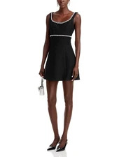 Aqua Rhinestone Trim Tweed Mini Dress - Black - M