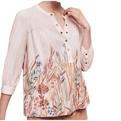 Anthropologie Postmark Boho Floral Henley Blouse XS Cream Floral 3/4 Sleeve