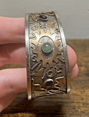 Maggi DeBaeke Sterling Silver Cuff Bracelet Gemstones Copper Brass Post Modern 