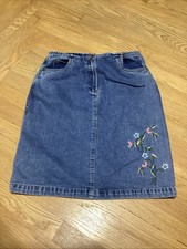 Vintage Bugle Boy For Her Denim Floral Embroidery Knee Length Skirt S/M