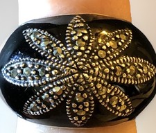 925 Sterling Silver Thai Black Enamel Marcasite Flower Ring Size 6.25