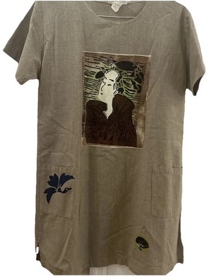Crazy Fish 100% Linen T-Shirt Midi Shift Dress Asian Motif Lagenlook VTG OSFM