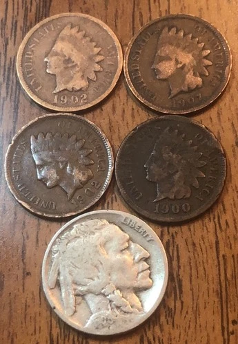 Indian Cents/Buffalo 1902X2,1907,1900 Get (4) Actual Penny’s And (1) Nickel B229