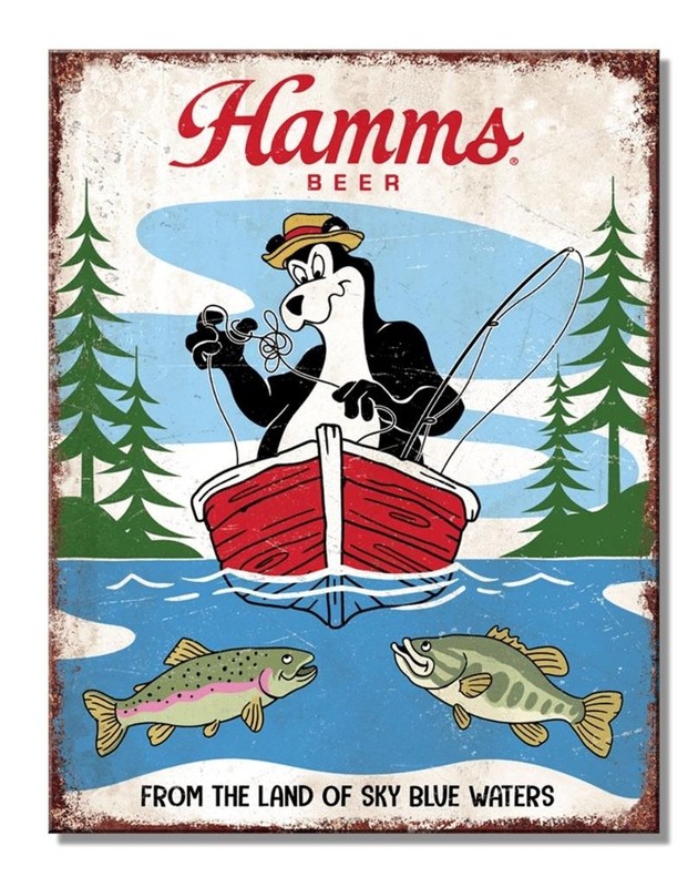 Hamm's Beer Fishing Land of Sky Blue Waters Tin Metal Beer Bar Sign Made In USA