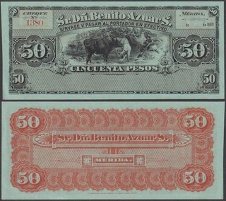 Sr. Dn. Benito Aznar S. Ranch Merida Yucatan 50 Pesos 1889 UNC M782