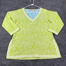Gretchen Scott Designs Tunic Top Womens Large Green White 3/4 Sleeve Boho