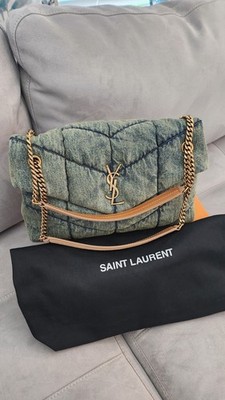 Authentic YSL Puffer Large Shoulder Bag in Denim Puff Monogram LouLou Large size