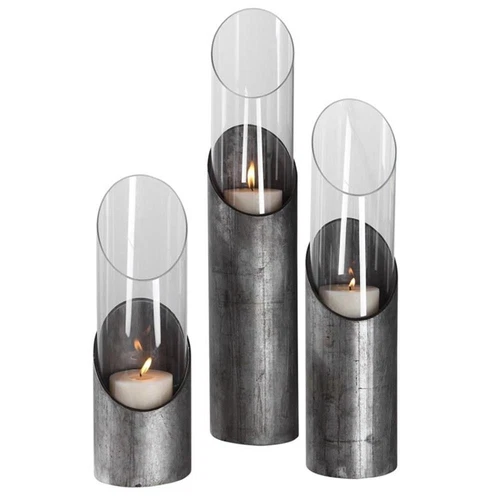 Uttermost Karter Iron and Glass Candleholder in Raw Iron Gray (Set of 3) - Picture 1 of 5