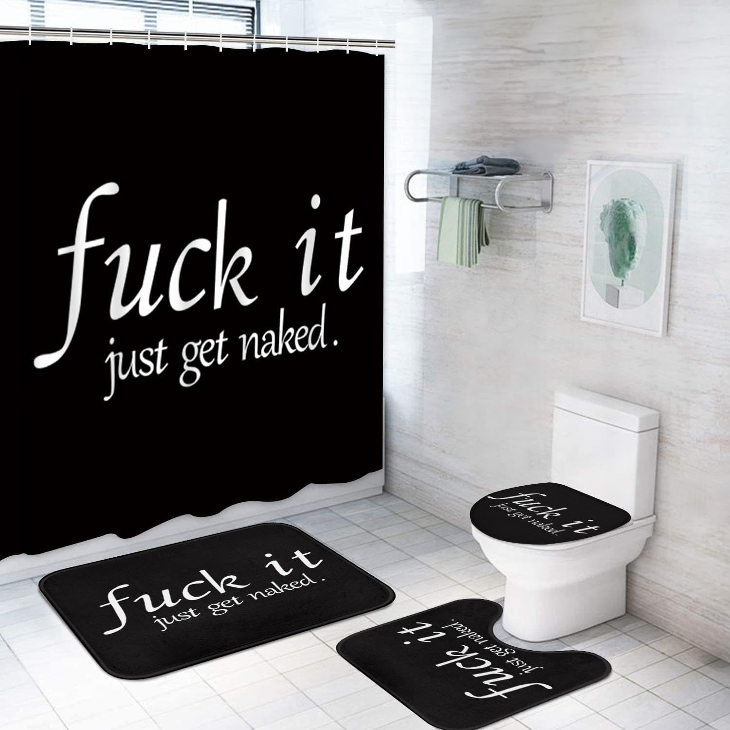 Artsocket 4PC Funny Get Naked Shower Curtain Sets Bathroom Decor with Rugs, Non-