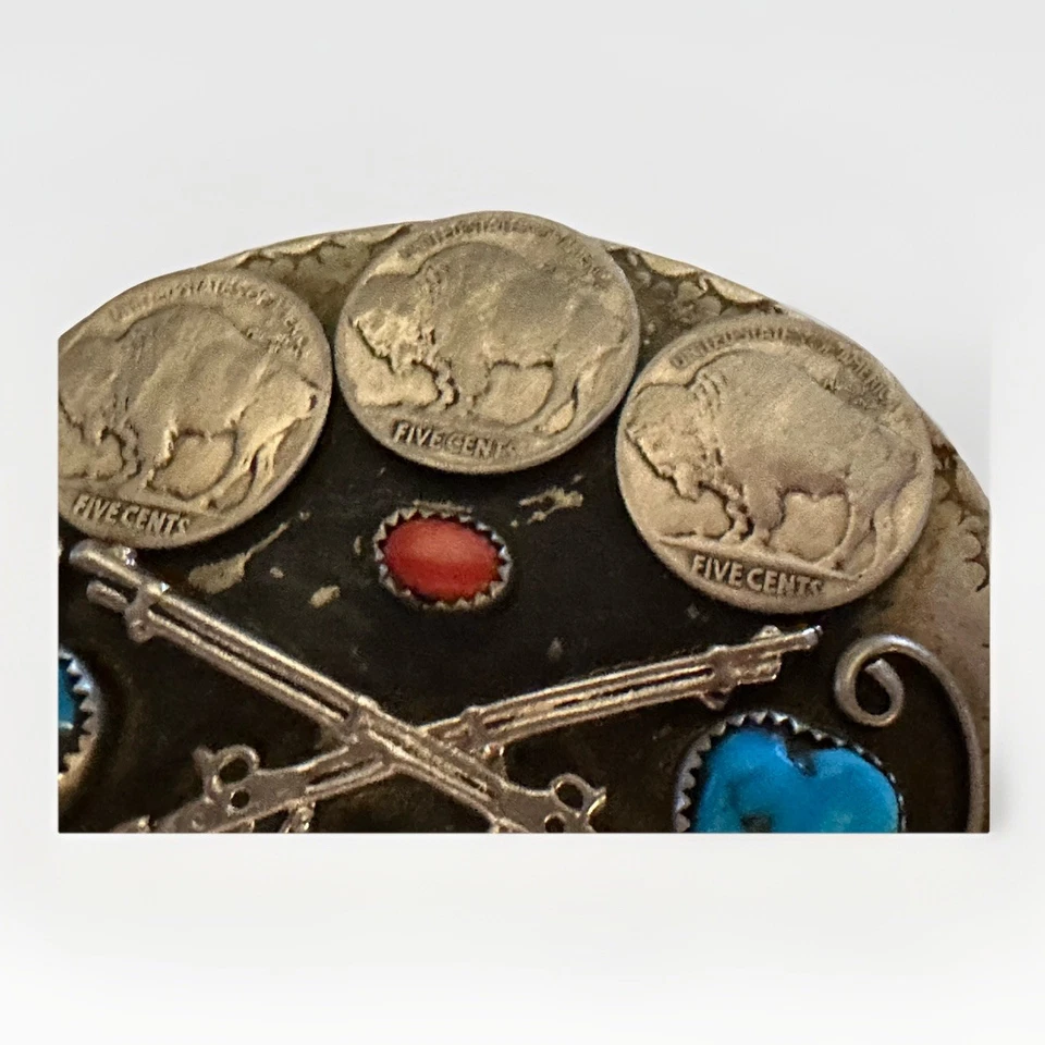 Vintage Sterling NATIVE  AMERICAN Belt Buckle - Buffalo Nickels Turquoise/Coral - Image 4 of 4