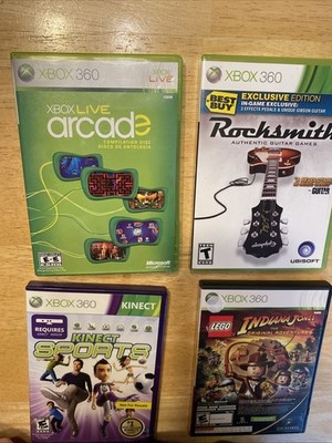 Xbox 360 Lot of 5 Lego Indiana Jones Rocksmith, Kinect Sports, Live arcade Panda