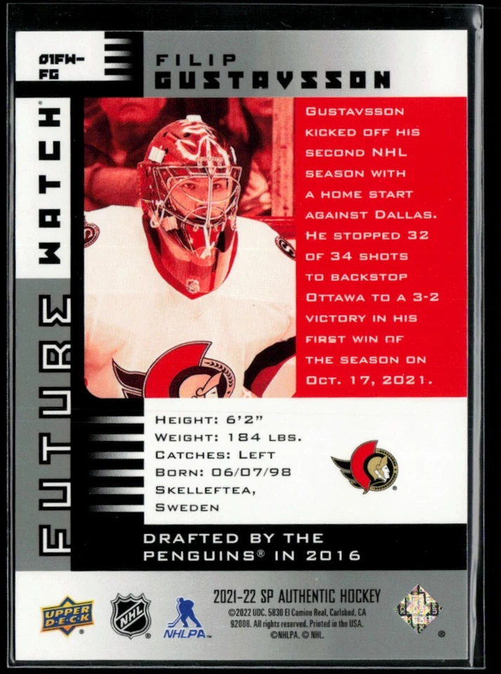 2021-22 SP Authentic '01-02 Retro FW #01FW-FG Filip Gustavsson RC 069/900 - Image 2 of 2
